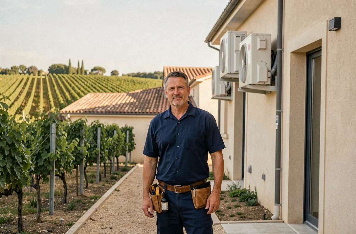 Technicien en climatisation professionnel devant un bâtiment résidentiel en Nouvelle-Aquitaine avec des unités de climatisation installées