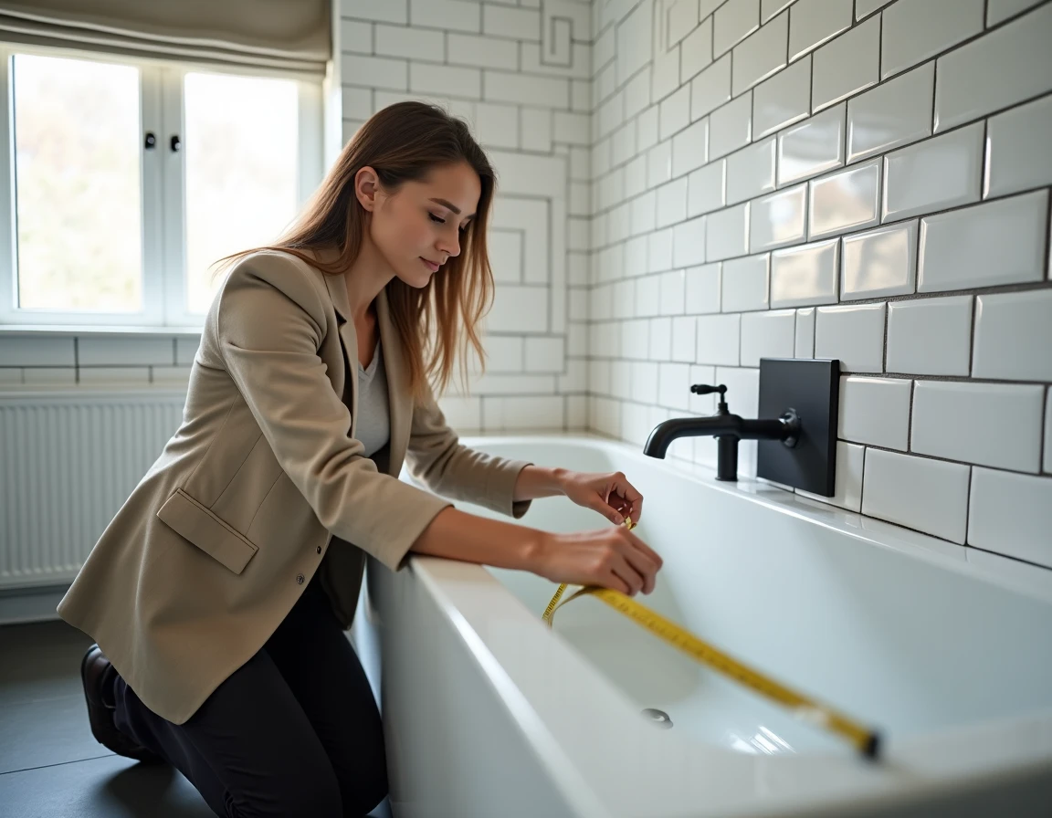Designer d'intérieur mesurant la longueur d'une baignoire encastrée dans une salle de bain rénovée avec mètre ruban