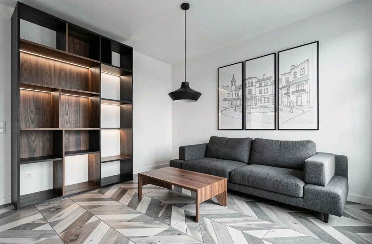 Appartement minimaliste aux lignes graphiques avec système de rangement modulaire, sol en carrelage chevron et canapé en laine graphite, projet MKdesign dans le Val-d'Oise