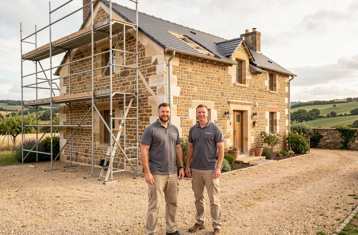 Équipe Nouvelle Aquitaine Rénovation travaillant sur la restauration d'une ferme en pierre traditionnelle