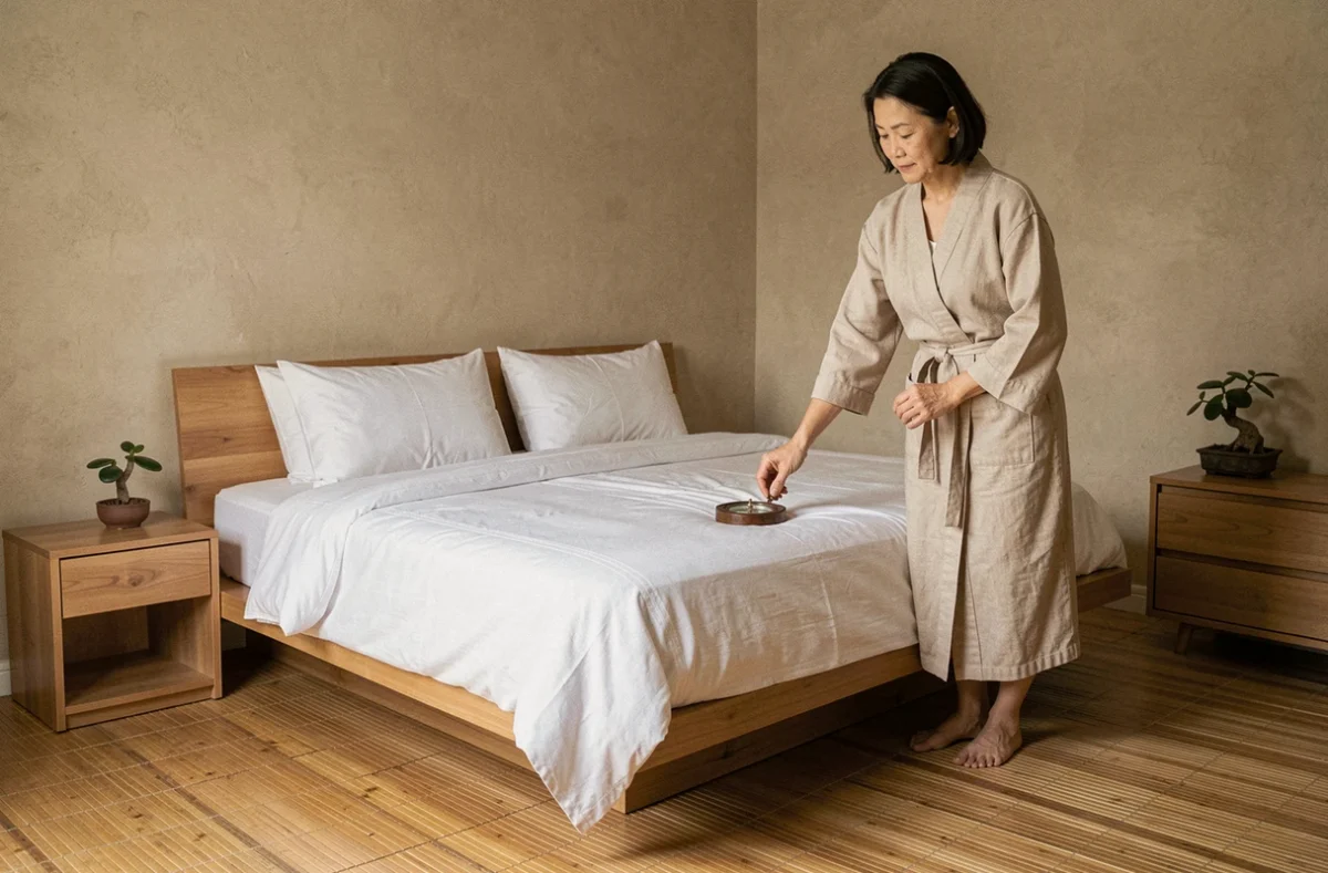 Femme consultant une boussole feng shui pour orienter un lit en bois dans une chambre minimaliste aux tons naturels
