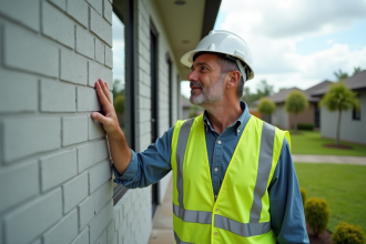 Ouvrier en sécurité inspectant façade maison moderne