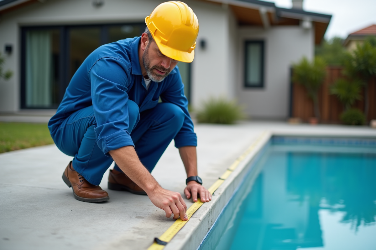 Ouvrier en uniforme bleu mesurant la piscine extérieure