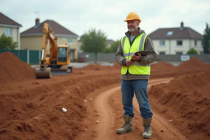 Ouvrier de construction avec casque et gilet réfléchissant sur un terrain en travaux
