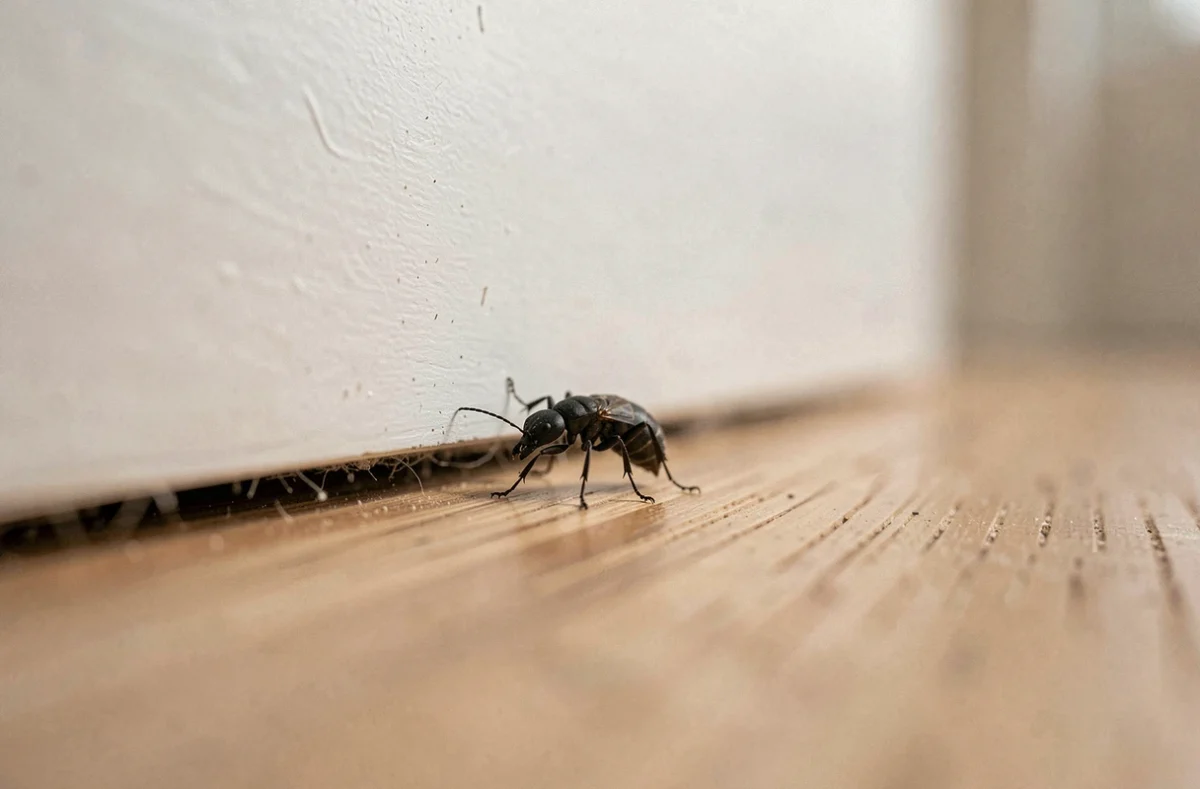 Petite bestiole noire de quelques millimètres rampant le long d'une plinthe blanche sur un parquet en chêne clair dans un appartement