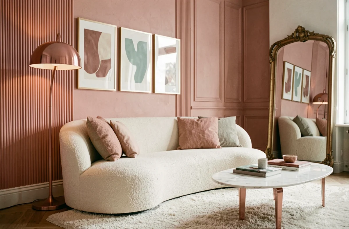 Appartement au style féminin et parisien avec panneaux en plâtre rose, canapé boucle ivoire et décoration sculptée, réalisé par PINKSPACE Valeriya Froget