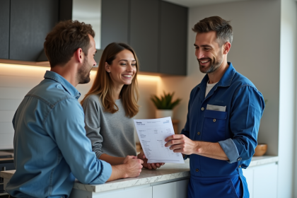 Plombier homme remet une facture à un couple dans la cuisine