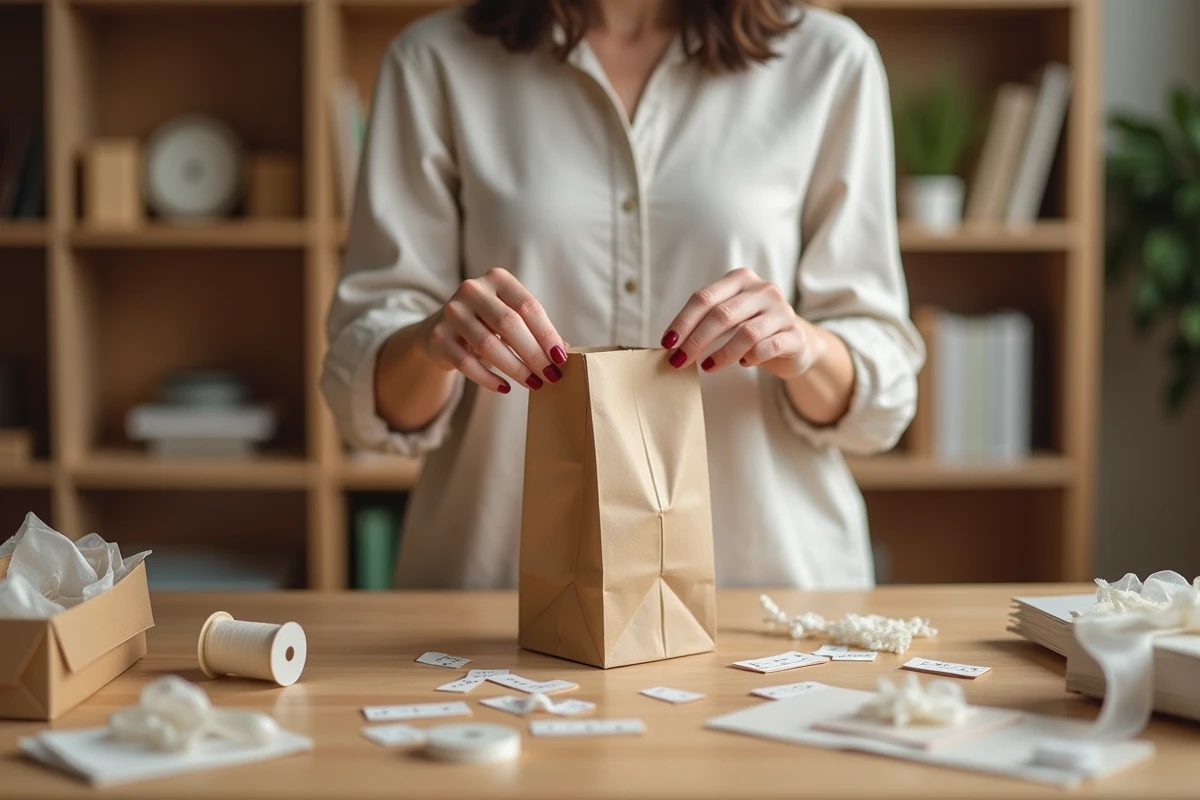 Femme préparant une pochette cadeau en papier kraft sur une table en bois entourée de fournitures de papeterie