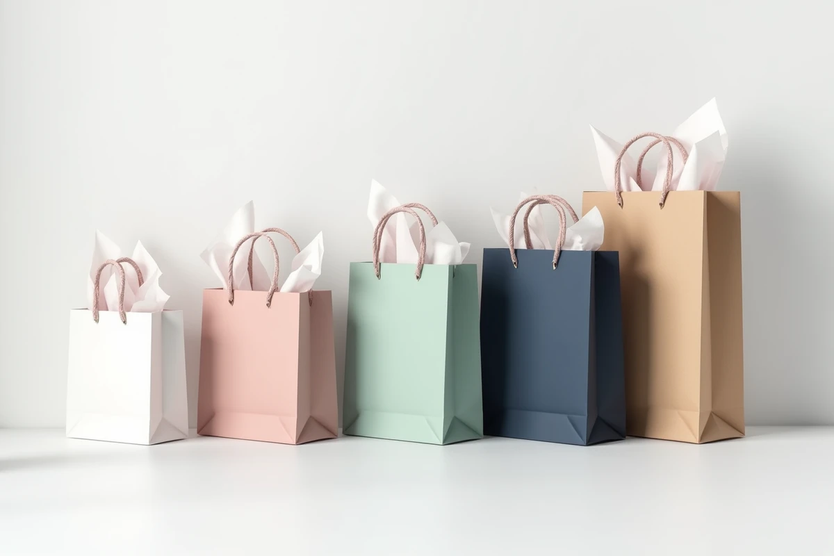 Vue de dessus de cinq pochettes cadeaux en papier de formats et tailles différents alignées sur fond blanc