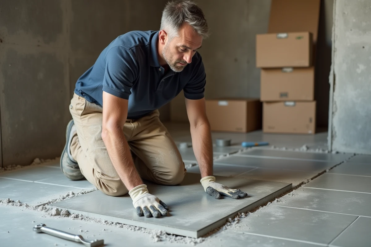 Carreleur professionnel posant du carrelage grand format sur mortier colle dans une salle de bain en rénovation