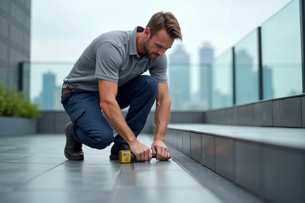 Pose d'une cornière aluminium extérieure sur une terrasse en carrelage par un installateur professionnel, fixation d'un nez de dalle antidérapant
