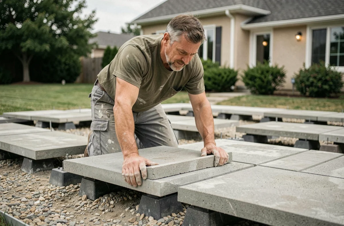 Poseur de dalle béton sur plots réglables pour terrasse résidentielle stable