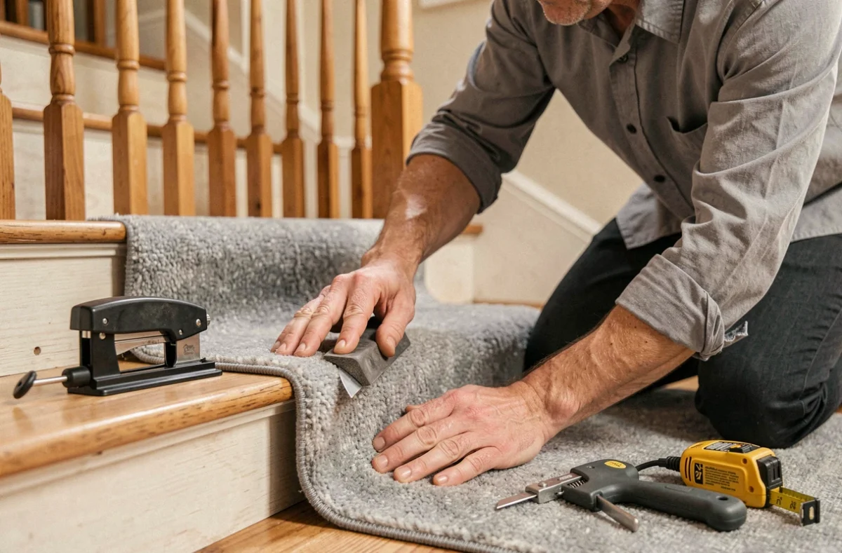 Pose d'une marche en moquette sur un escalier en bois par un professionnel utilisant un outil de lissage, montrant les étapes d'installation