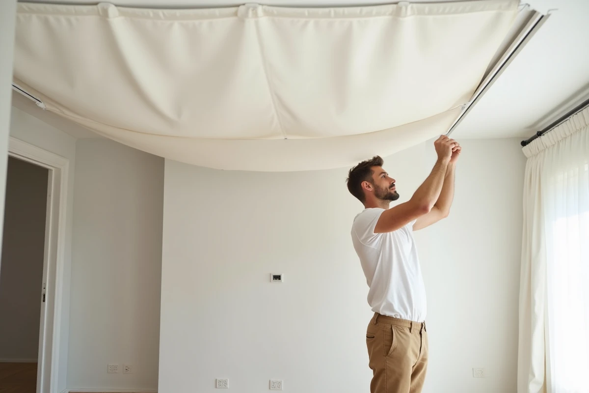 Homme posant une toile tendue au plafond dans un salon en cours de rénovation
