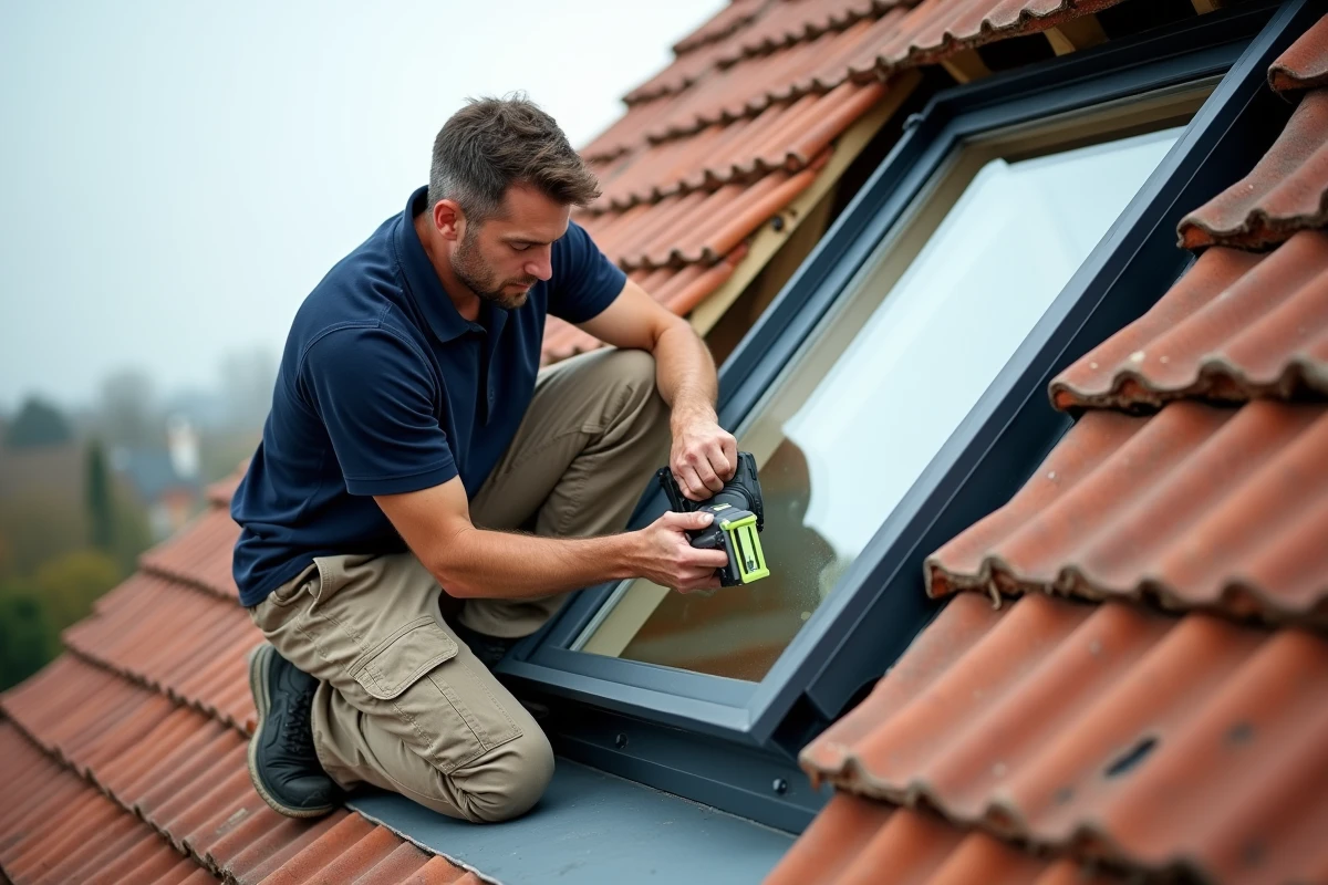 Pose d'une fenêtre de toit Velux sur une toiture en tuiles par un artisan professionnel avec accessoires de fixation