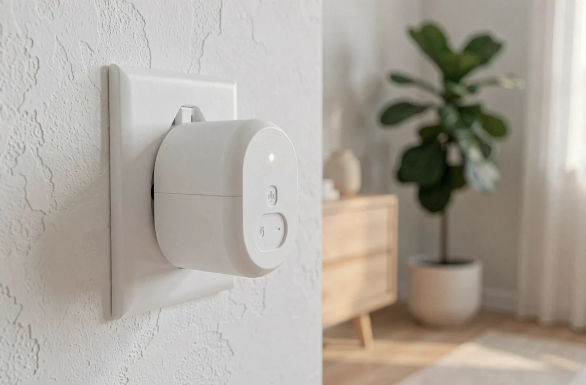 Prise de courant connectée insérée dans une prise murale blanche dans un salon minimaliste scandinave avec plante verte en arrière-plan