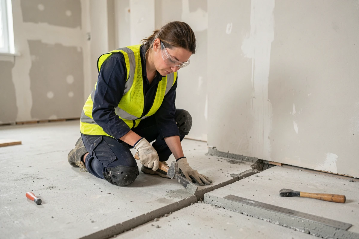Professionnelle du bâtiment réalisant un trait de coupe net sur une dalle béton près d'un mur intérieur avec ciseau et marteau