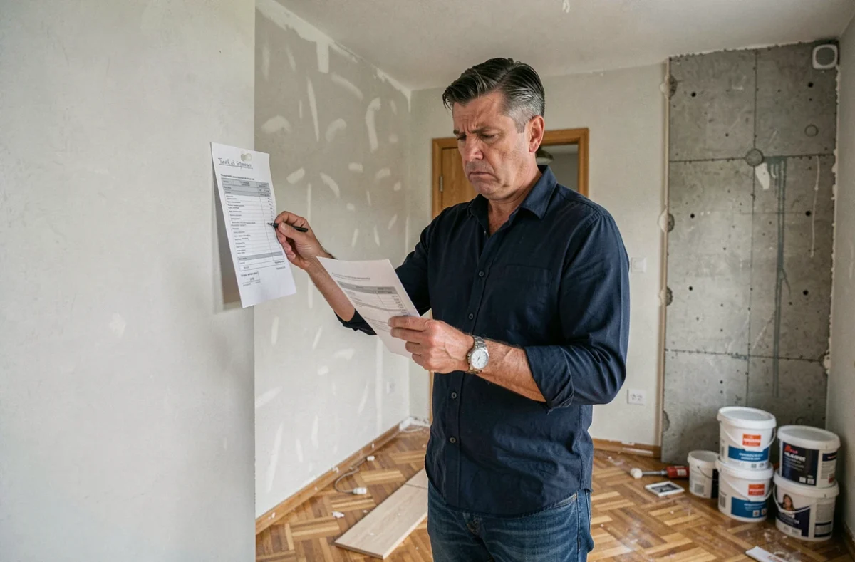 Propriétaire frustré comparant des devis et des factures dans un salon en cours de rénovation avec murs en plâtre brut et parquet à moitié posé