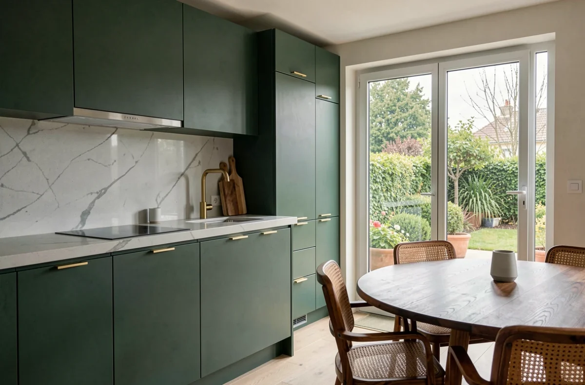 Cuisine rénovée vert forêt et quartz gris avec salle à manger en noyer et chaises en rotin, projet de rénovation par Rénov Design & Concept dans le Val-d'Oise