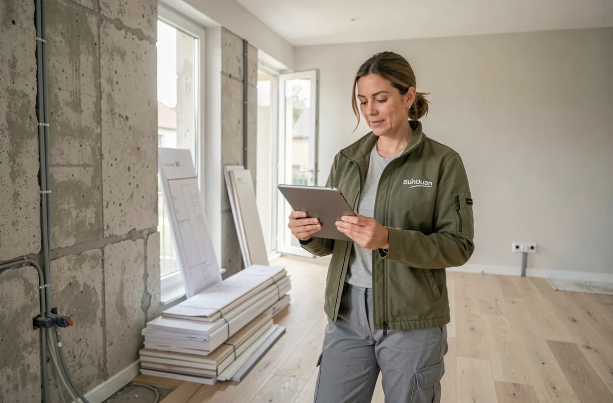 Spécialiste de Rénov'Home supervisant les travaux de rénovation d'un espace de vie moderne