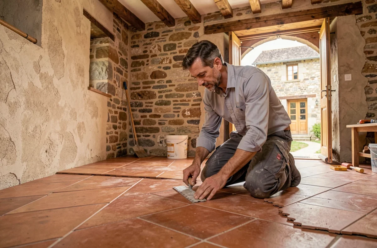 Artisan Rénovation Intérieure Béarn posant des carreaux en terre cuite dans une ferme béarnaise à Gan