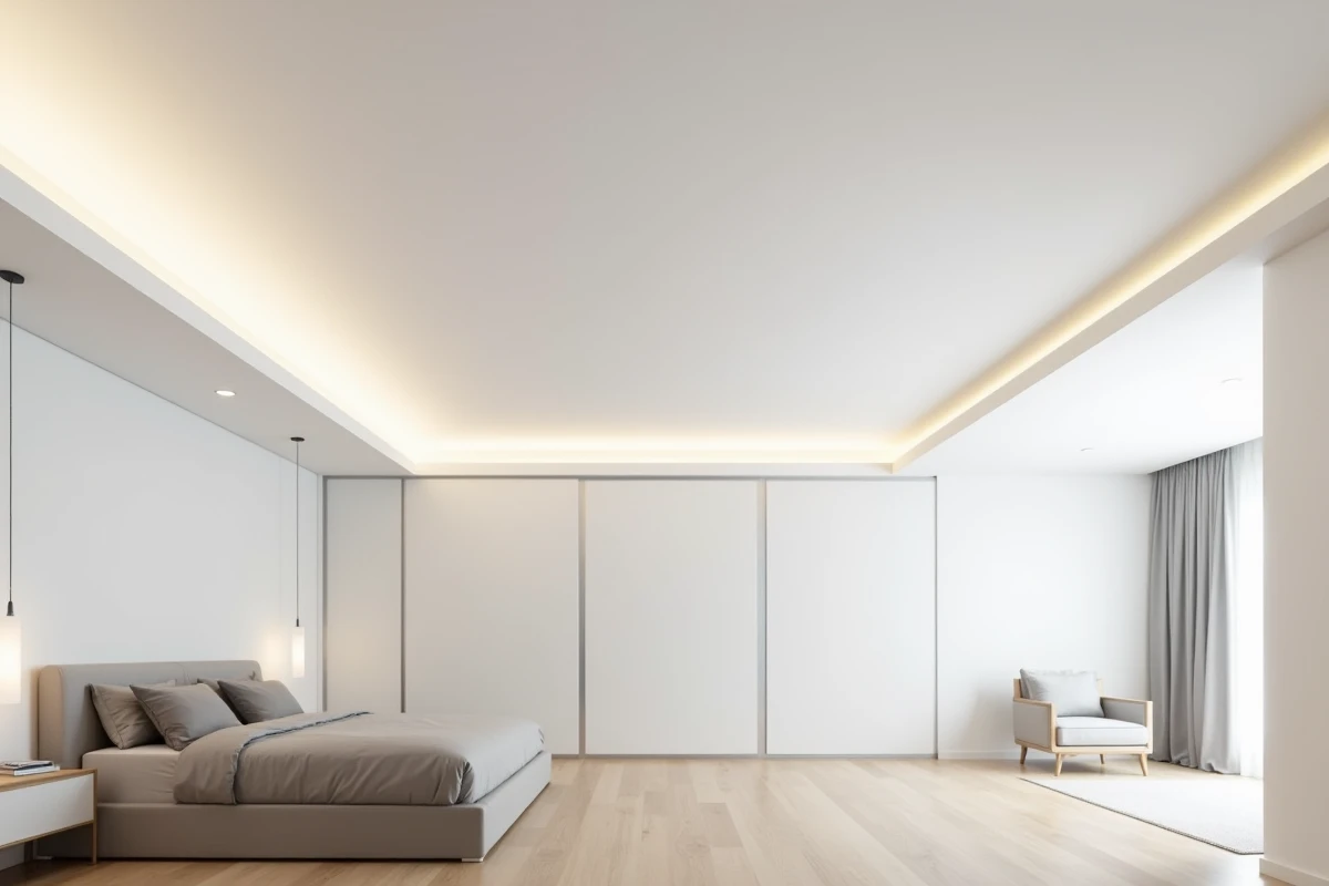 Plafond en toile tendue installé dans une chambre moderne avec éclairage périmétrique intégré