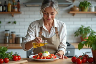 Femme versant de l'huile d'olive sur une salade de tomates et burrata