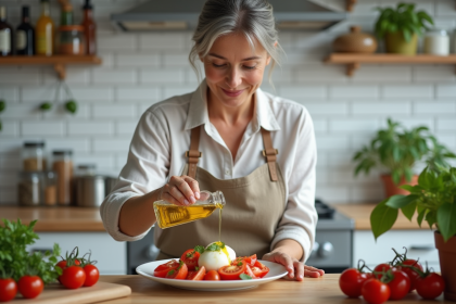 Femme versant de l'huile d'olive sur une salade de tomates et burrata