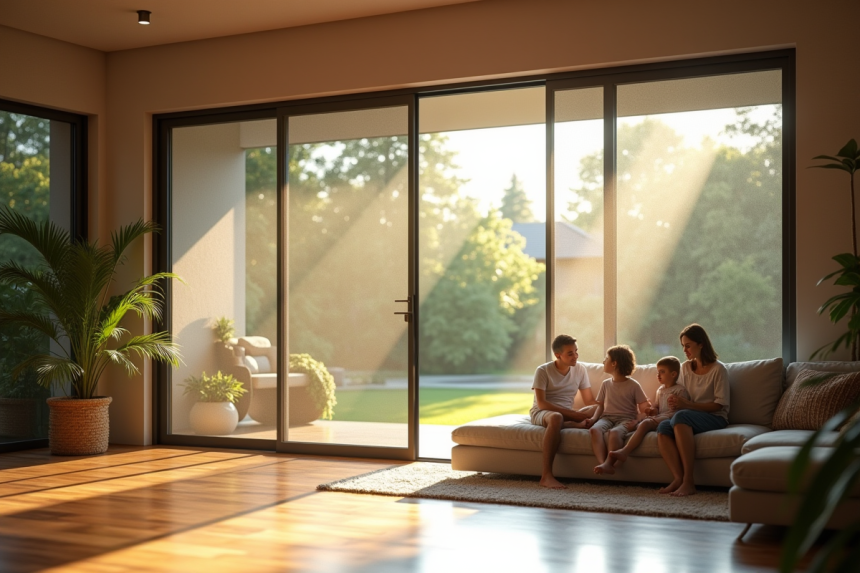 Salon moderne avec porte moustiquaire protection solaire