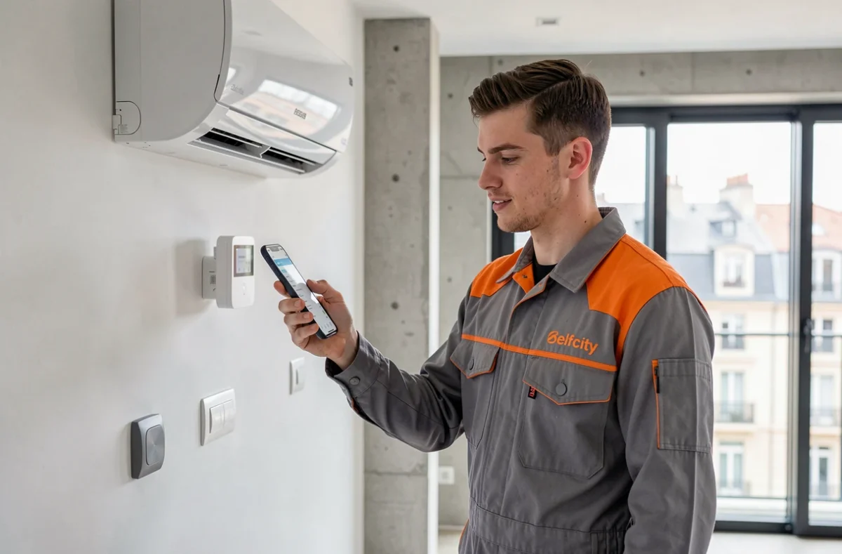 Technicien Selfcity Bordeaux en uniforme orange et gris configurant une climatisation connectée dans un appartement moderne bordelais