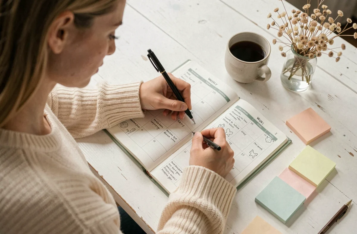 Femme écrivant dans un semainier imprimé posé sur un bureau blanc avec une tasse de café et des fleurs séchées