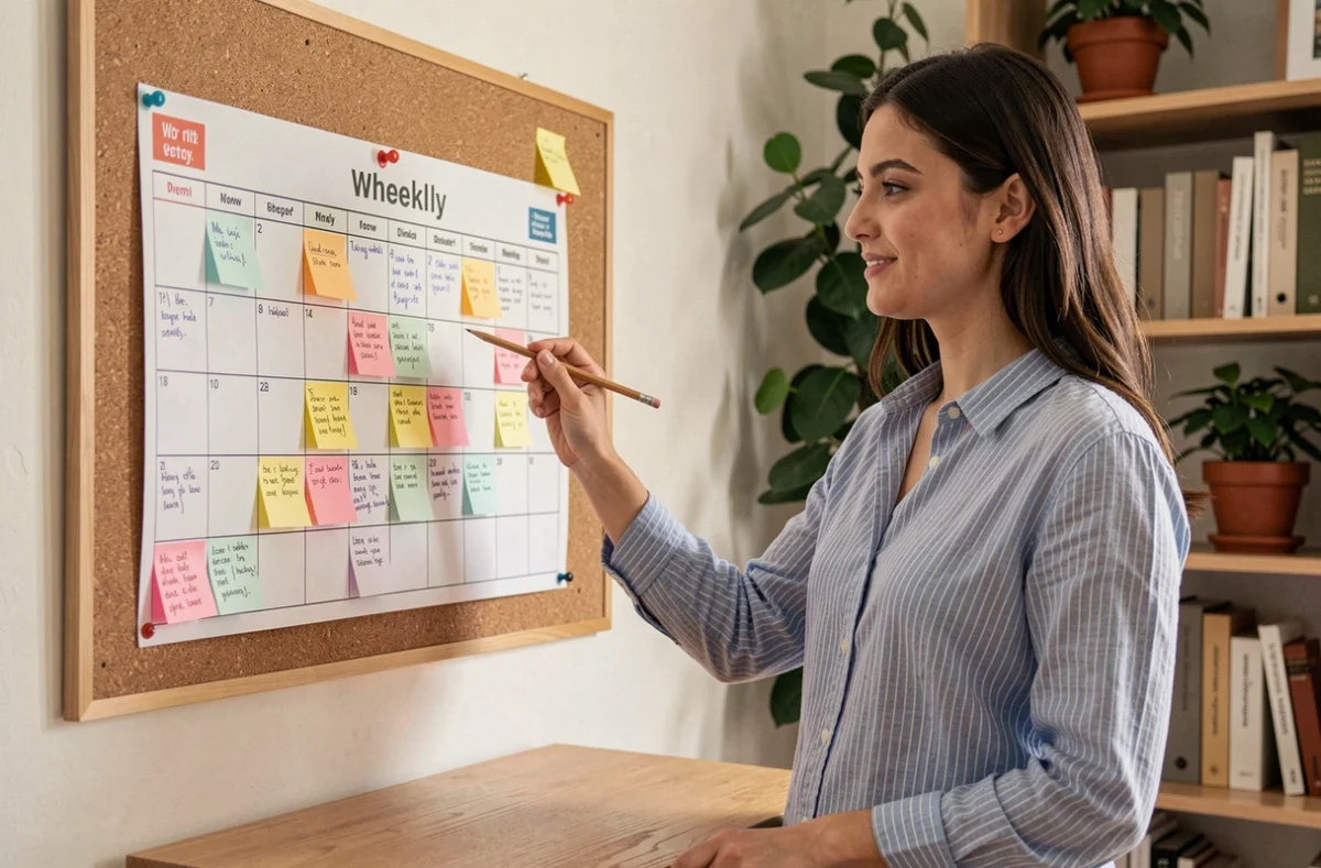 Jeune femme consultant son semainier imprimé épinglé sur un tableau liège dans un coin bureau cosy