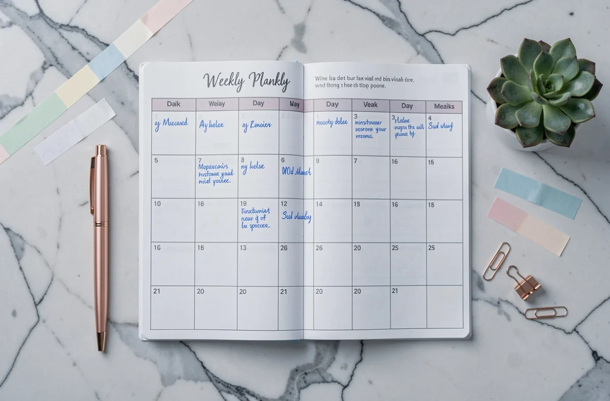 Semainier imprimé en vue à plat sur marbre avec stylo rose gold, washi tape et petite plante verte