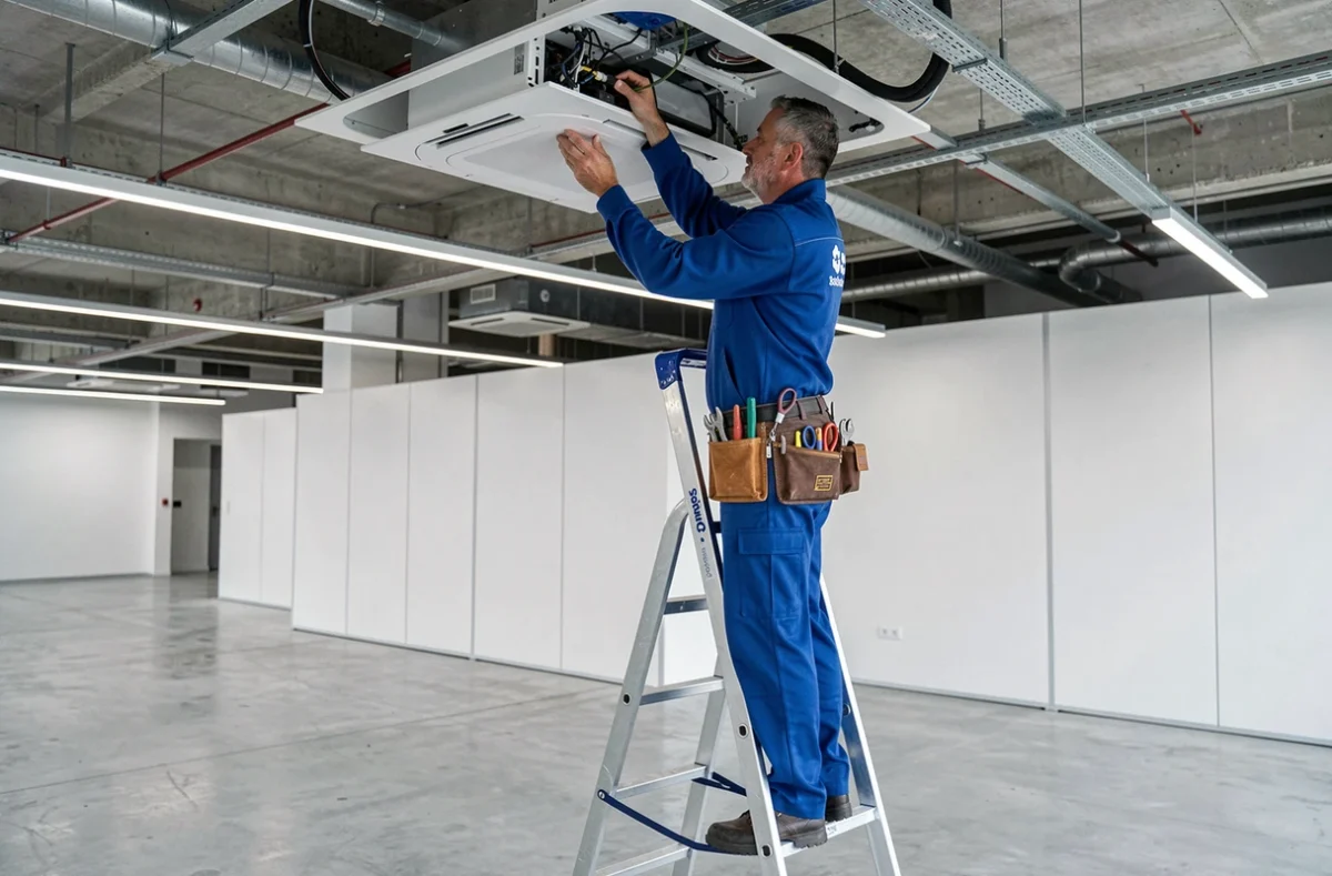 Technicien Sodimac en uniforme bleu installant un système de climatisation multi-split dans un espace commercial moderne en Nouvelle-Aquitaine