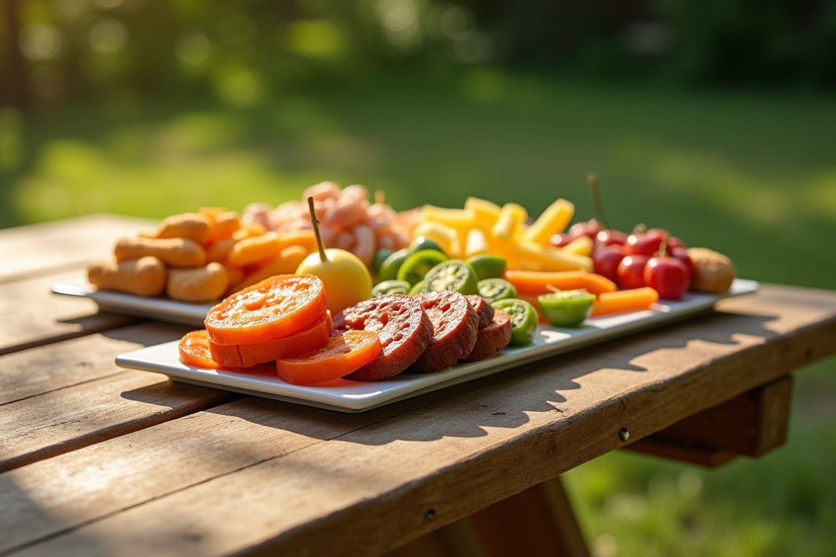 Table de pique-nique en bois avec plateau coloré en plein air