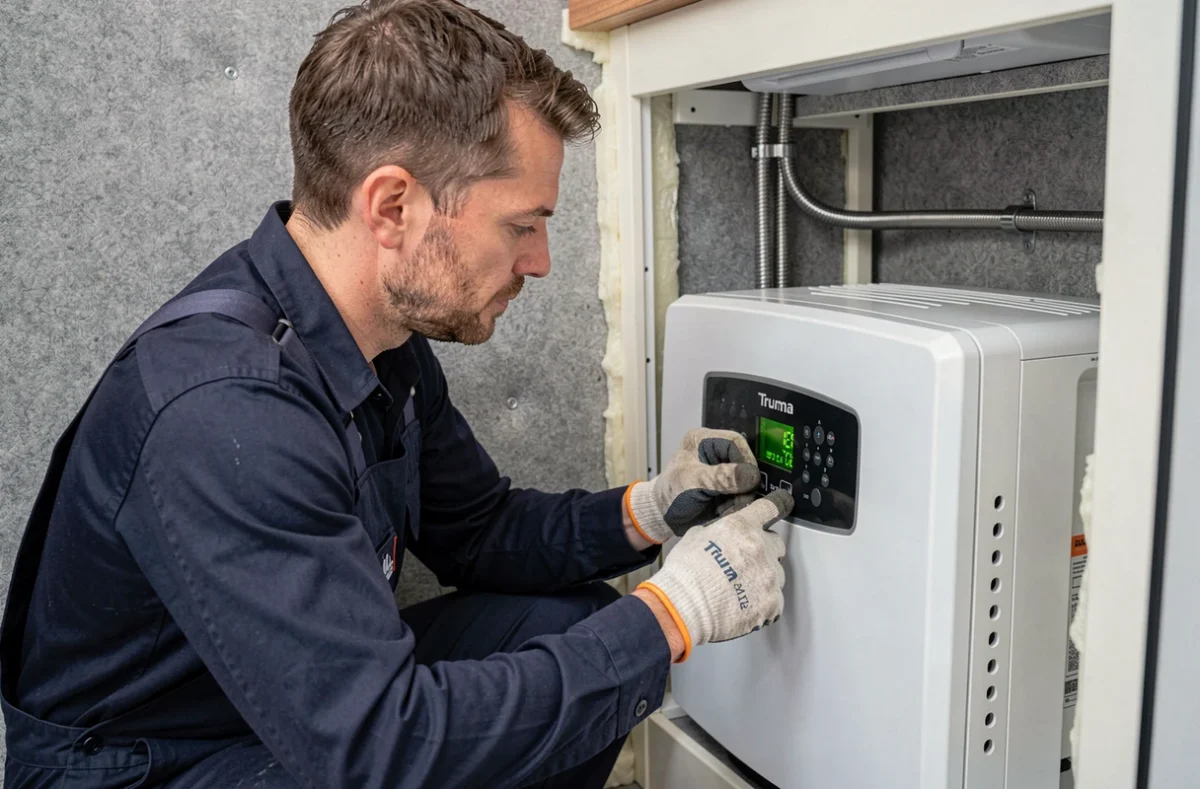 Technicien lisant un code erreur sur un chauffage Truma Combi 4 dans un compartiment de camping-car