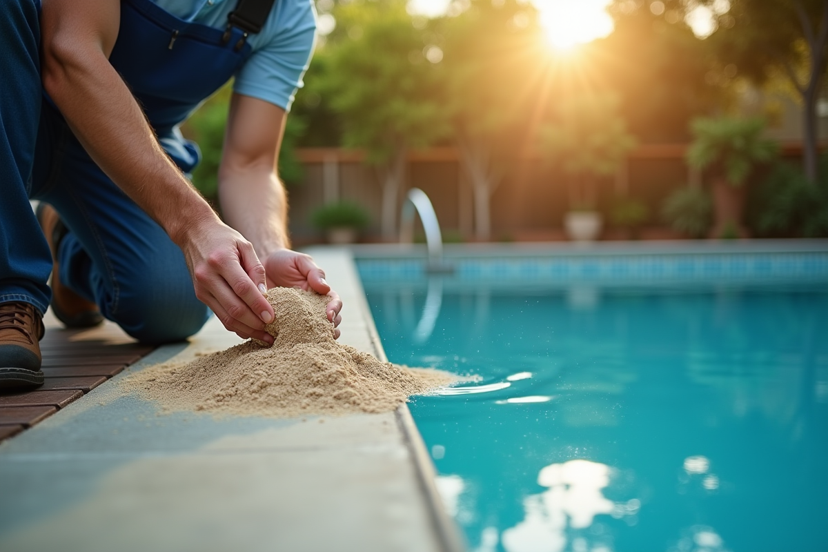 Technicien inspectant un filtre sable de piscine avec sable humide