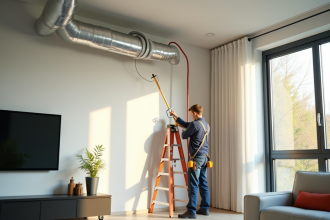 Technicien installant un systeme de ventilation moderne dans un salon lumineux