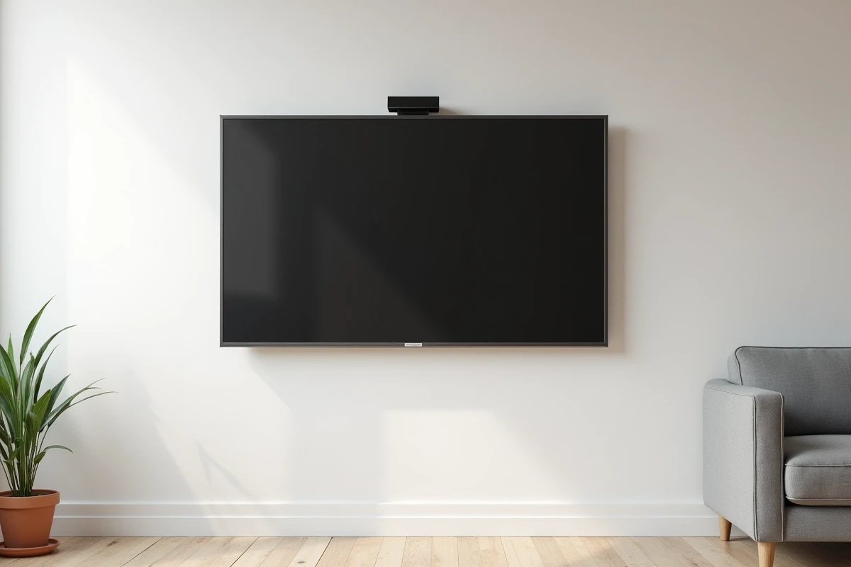 Téléviseur grand écran fixé sur un mur en placo avec une fixation adaptée dans un salon moderne et minimaliste