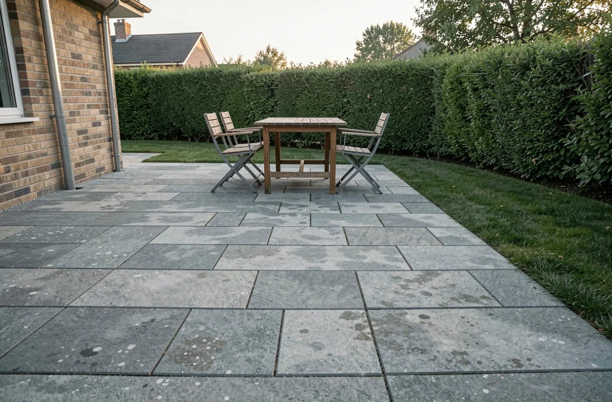 Terrasse en dalles béton posées sur plots avec mobilier de jardin dans arrière-cour résidentielle