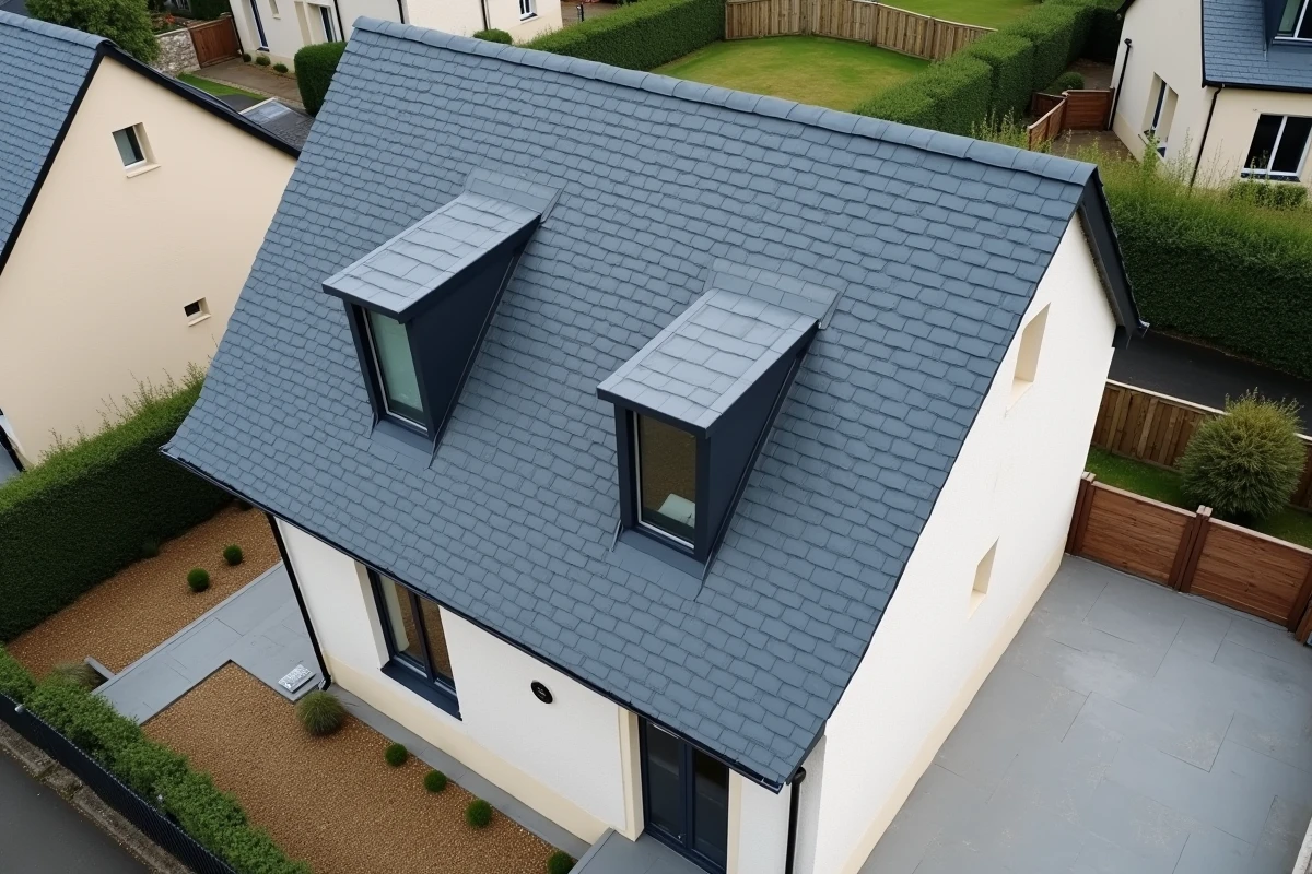 Vue complète d'une toiture en ardoise de 100m2 sur maison individuelle avec lucarnes et gouttières en zinc