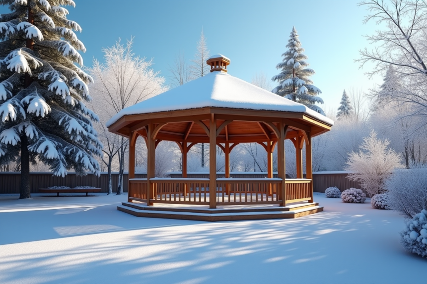 Tonnelle en bois robuste dans un jardin enneige avec arbres givres