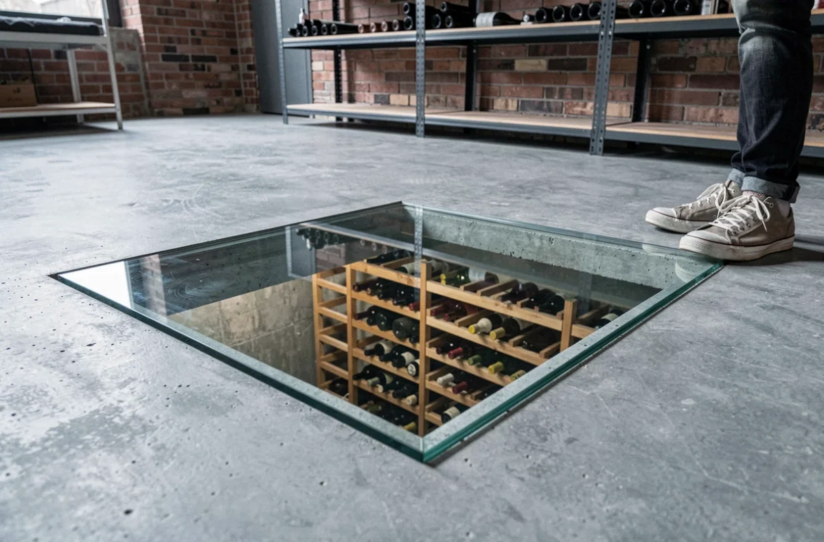 Trappe cave en verre affleurante sur sol béton ciré dans un loft avec cave à vin visible en dessous