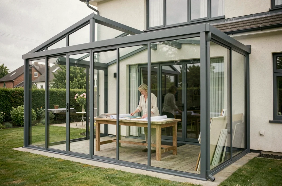 Véranda sur-mesure en aluminium anthracite et verre installée sur une maison contemporaine, vue depuis le jardin