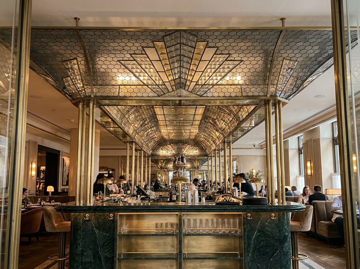Verrière art déco en verre fumé et doré au-dessus d'un bar en marbre vert dans un restaurant de luxe avec colonnes en laiton poli