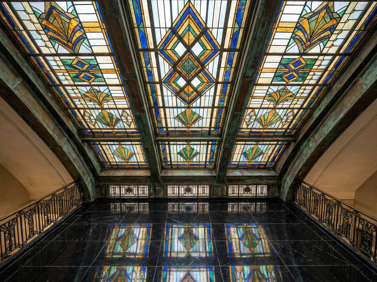 Verrière art déco intérieure avec motifs géométriques en verre coloré ambré, bleu cobalt et vert émeraude, encadrés de meneaux en bronze oxydé