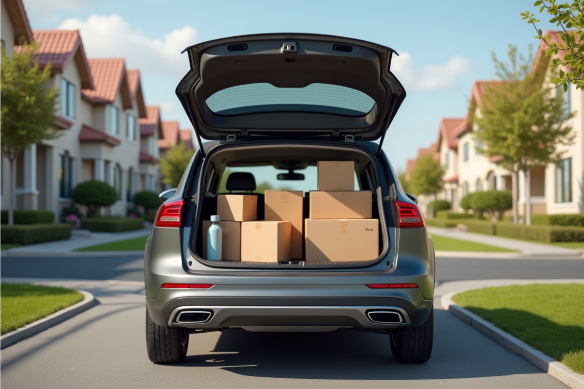 Voiture garée devant un immeuble avec des cartons de déménagement