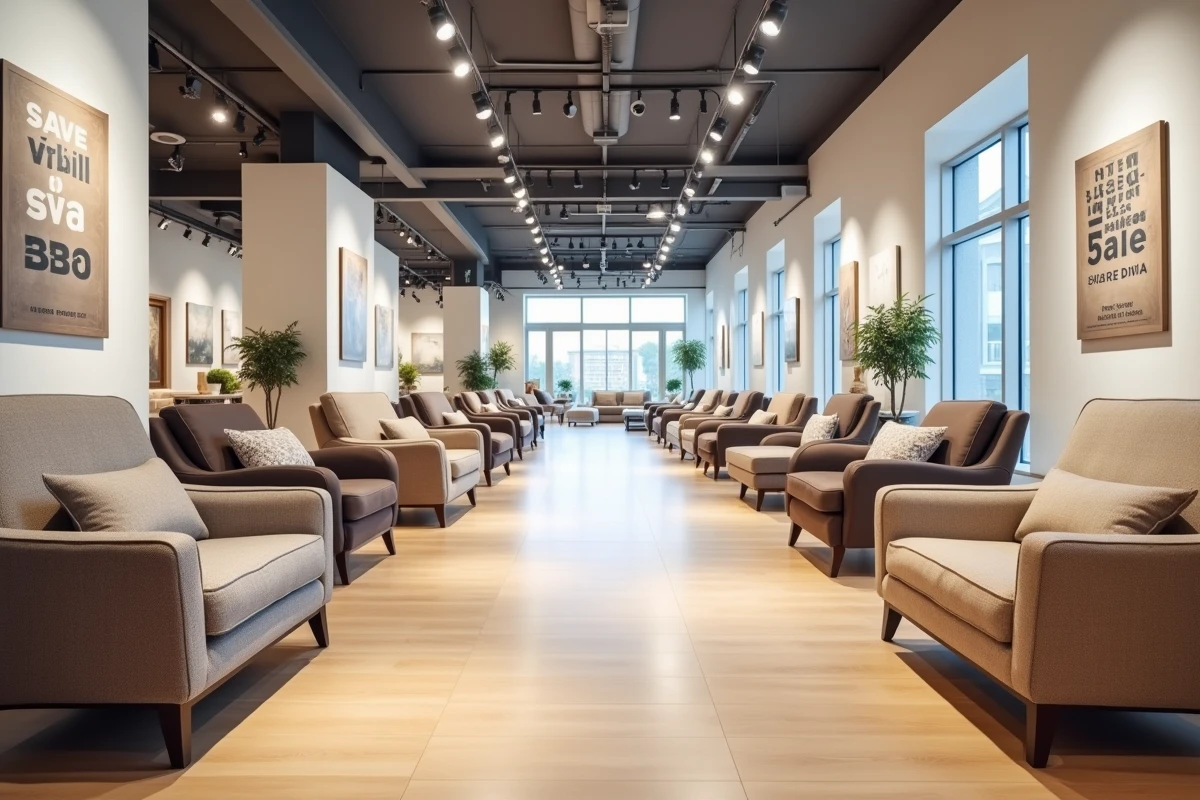 Vue intérieure d'un magasin de canapés et fauteuils avec panneaux de promotions en rayon